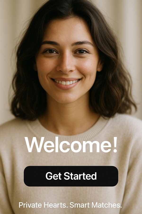 Design mockup of the Wybber welcome screen with the tagline Private Hearts. Smart Matches.